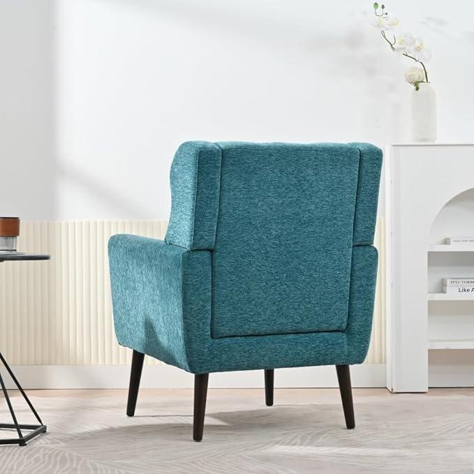 Modern Accent ChairChenille Arm Chairs for Living RoomUpholstered Mordern ArmchairComfy Soft Padded Lounge Chair in Small Space Bedroom w/Pillow Solid Wood Leg (Teal + Chenille)