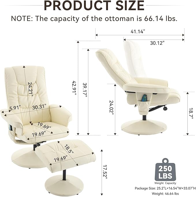 Ergonomic Recliner Chair with Ottoman for Adults 360° Swivel Massage Lounge Chair with 5-Point Vibration &amp Heated Seat140° Adjustable PU Leather Recliner for Living Room Office (Beige+PU)