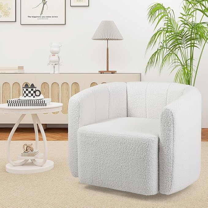 KOMFOTT Swivel Barrel Chair Set of 2 Sherpa Fabric Accent Chair with Curved Backrest &amp Armrests Upholstered Armchair with Wide Seat Pumpkin Shaped Single Sofa Chair for Living Room Bedroom Wh