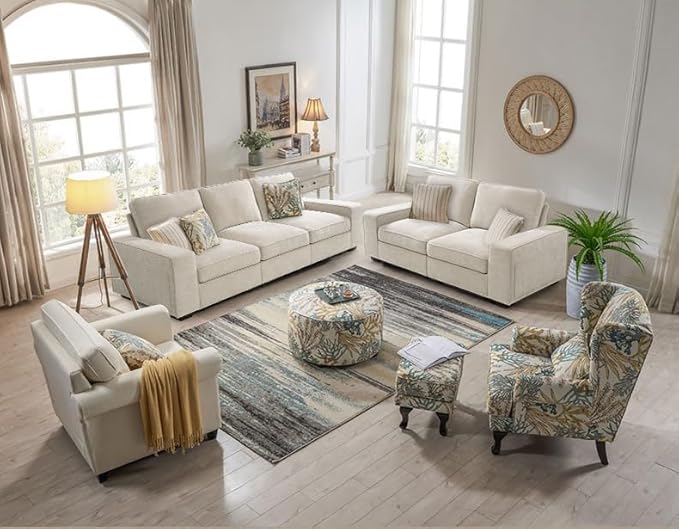 129 4-Seater Modular Sectional Sofa Modern Comfy Chenille Couch with Removable Chenille Washable Cover Seat Storage and USB Charging for Living Room Office Apartment Easy to Install Beige