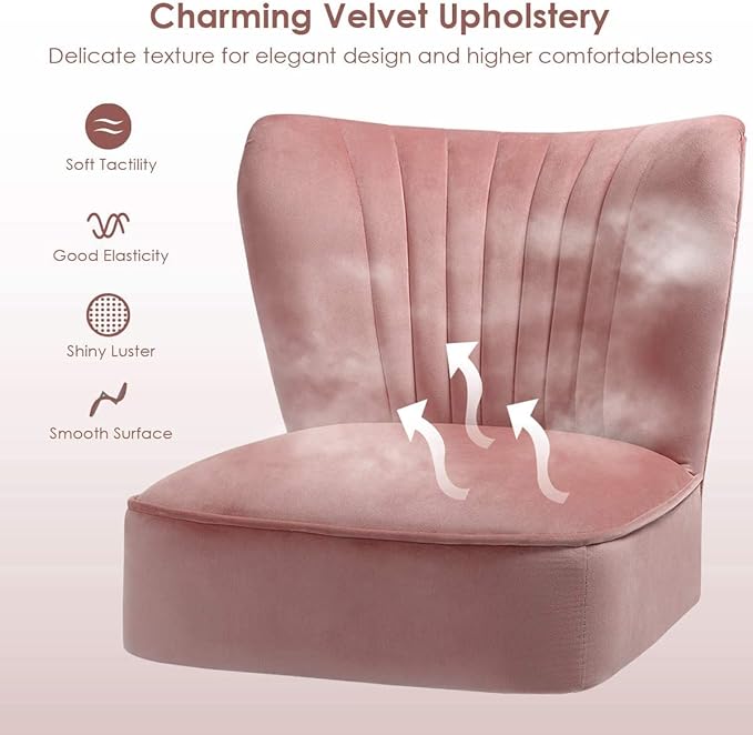 LUARANE Armless Velvet Accent Chair Modern Leisure Chair with Curved Backrest Thick Sponge Cushion Wood Legs Small Upholstered Wingback Sofa Chair for Bedroom Living Room (1 Pink)