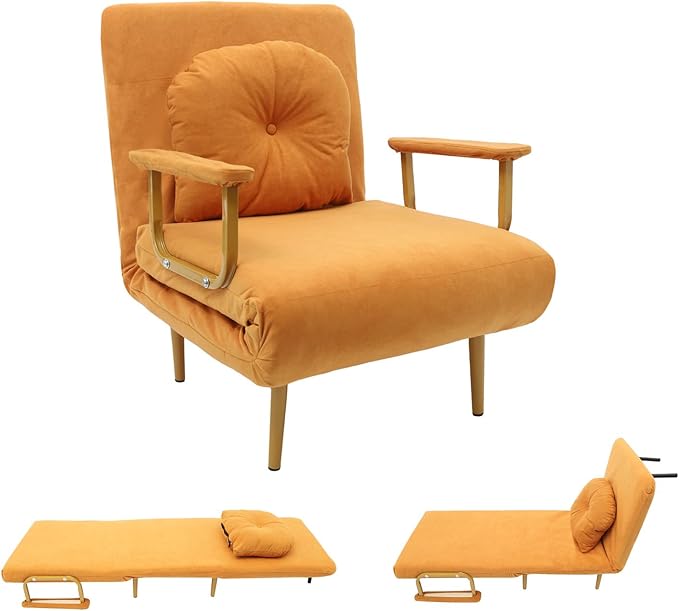 Folding Sofa Bed Convertible Chair with 5-Position Adjustable Backrest &amp Pillow 3 in 1 Sleeper Chair Bed for Living Room Bedroom Office (Orange)