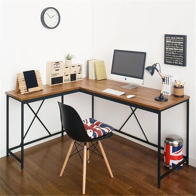 Pemberly Row Contemporary Corner Desk 63 x 55.1 Composite Wood and Metal Acacia/Black Finish Scratch and Heat Resistant Home Office Desk with Spacious Tabletop