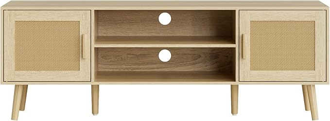 TV Stand for 55-65inch TV Rattan Entertainment Center with Soft Hinge DoorTV Console Table with 2 Cabinets with Gold Handle and Feetfor Living Room Bedroom Natural
