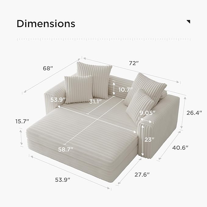 Acanva Oversized Cozy Chaise Lounge Chair Indoor with Removable Ottoman Modern Upholstered Fluffy Sleeper Sofa Bed Comfy Reclining Couch for Living Room Bedroom White