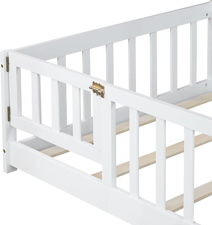 Twin Floor Bed with Slats Fence and Door Twin Size Montessori Floor Bed for Kids Girls Boys Easy Assemble Montessori Bed Frame(Twin White)
