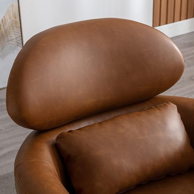 Accent Chair Upholstered Barrel Arm Chair for Living Room Bedroom Reception Room Office Modern Soft Padded Single Sofa Chair with Golden Legs &amp Lumbar Pillow PU Brown