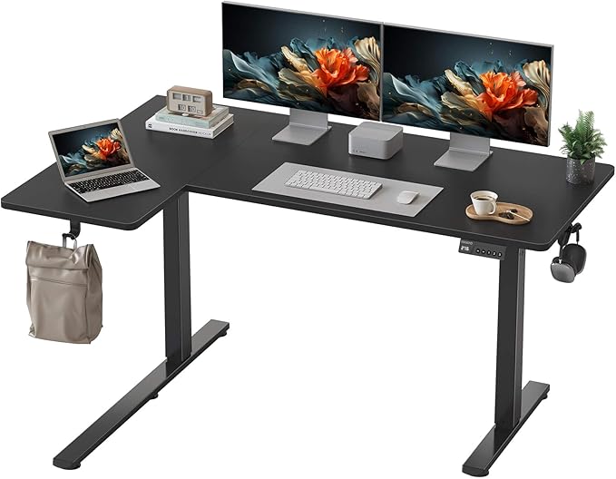 YIHAYO Reversiable L-Shaped Electric Standing Desk 55 Inches Adjustable Height Corner Desk Sit and Stand Up for Work Office Home Computer Table with Splice Board Black