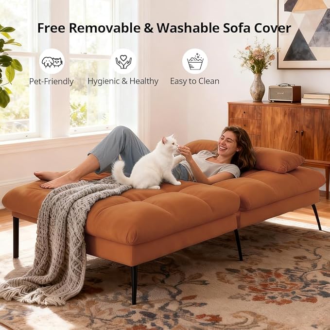 COMHOMA Convertible Sofa Bed68″Fabric Couch with Adjustable BackrestLoveseat Recliner Sleeper Living Room Furniture futon SetOrange