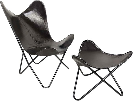 Vintage Leather Butterfly Chair with Footstool Folding Modern Sling Loung Accent | Home Décor | Classic Handmade Chair (Fold-able Stand with Foot Stool) Black