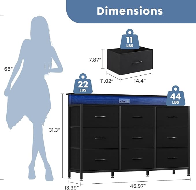 DUMOS TV Stand Dresser with 9 Fabric Drawers and Open Shelves Entertainment Center with LED Lights Charging Station for Bedroom Wood Top Media Console for 45-55 inch TV Stand with Storage Black