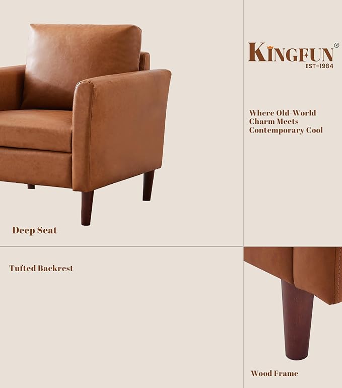 Kingfun Mid-Century Accent Chairs PU Leather Modern Upholstered Living Room Chair Cozy Armchair with Rolled Arms and Deep Seats Brown (Set of 2)