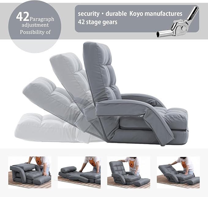 FLOGUOR 14-Position Adjustable Floor Chair Chaise Lounge Indoor Folding Lazy Sofa with Armrests and a Pillow Padded Adults Gaming Chairs for Living Room Bedroom Factory Price8803 (Grey（PU）)