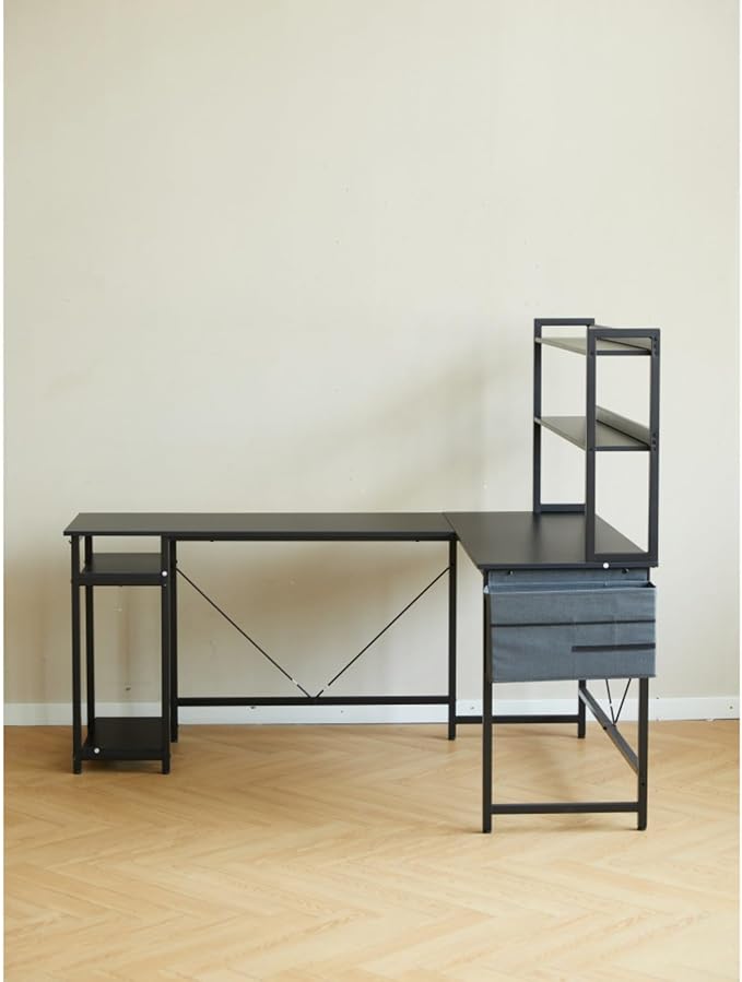 94.5 Inch Home Office Desk L Shape Gaming Desk with Storage Shelves and Padded Stool for Small Space Industrial PC Laptop Desk Corner Work Table with Large Countertop for School and Bedroom Black