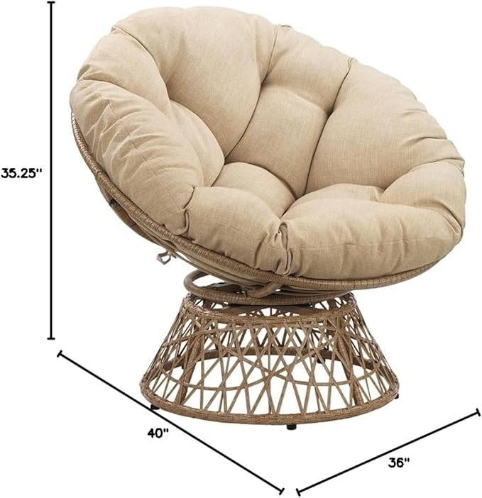 Pemberly Row Papasan Chair Cream Round Pillow Cushion Natural Resin Wicker Weave Metal Frame 360° Swivel 40 W x 36 D x 35.25 H Accent Chair for Living Room Family Room or Dorm