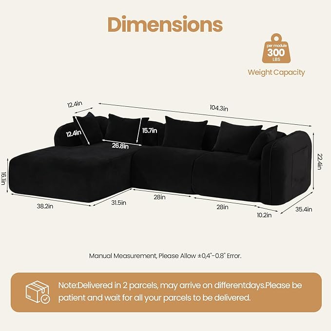 117’’ Chenille Fabric Boneless Couches for Living RoomModular Sectional Cloud Sofa |Fluffy Chenille Deep Seat No-Assembly Memory Foam Comfy Cloud Couch with L-Shaped Chaise (Black)