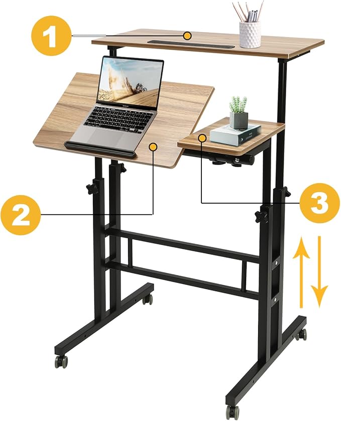 Mobile Standing DeskHeight Adjustable Home Office DeskStand Up Desk with Tilting Tabletop and Wheels Rolling Laptop Cart Sit Stand Desk