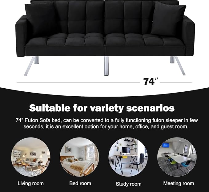 Convertible Futon Sofa Bed 74 Inch Sleeper Couch Bed with Velvet Upholstery Sofa Couch with Adjustable Backrest Pillows Square Tufted Design for Living Room Home Office Black