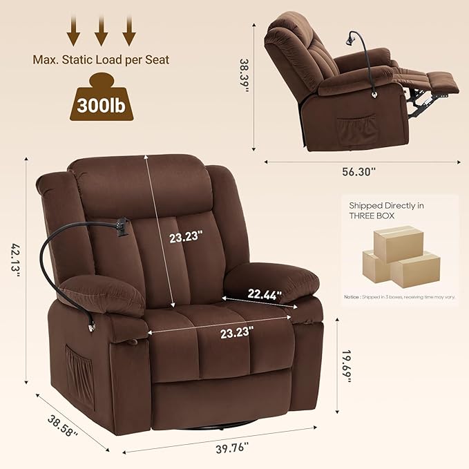 COLAMY Swivel Rocking Recliner Glider Sofa Chair with with Phone StandMassage FunctionHeatingIdeal for Living Room Office BedroomDarkbrown