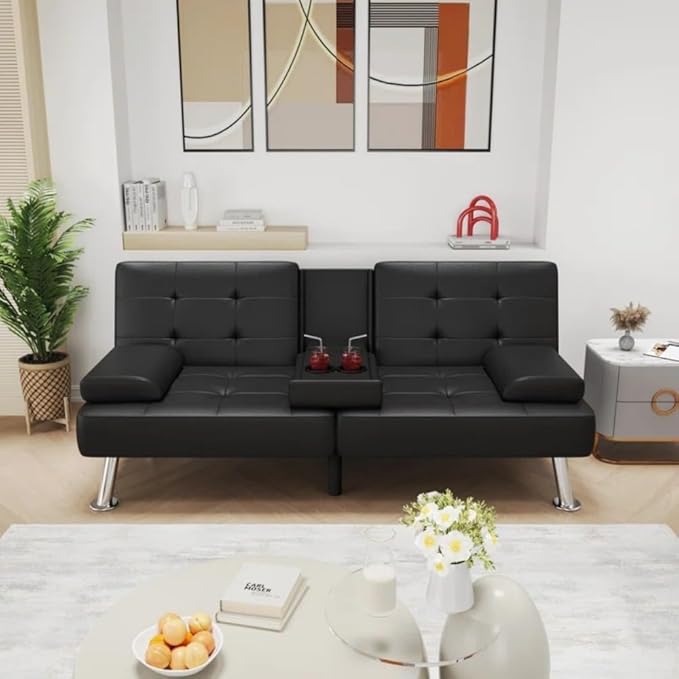 GUNJI Multi-Functional Faux Leather Futon Sofa Bed with Removable Armrests and Adjustable Sleeper Function Double Cup Holder Design Suitable for Living Room