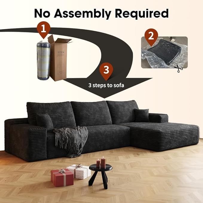 108’’Cloud Couch Sectional with L-Shape Chaise Modern Modular Sectional Sofa Boneless Couch with Deep Seat Modern Upholstered Couches for Living Room (Black 108''W Right Facing Chaise)