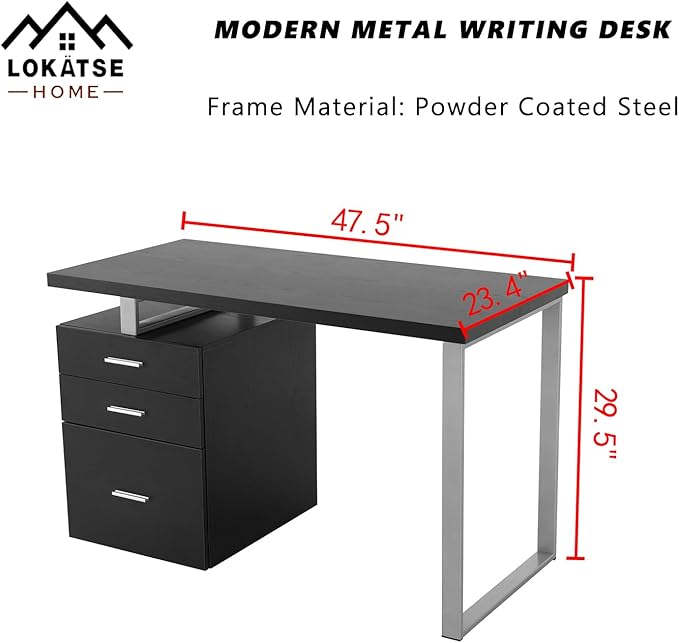 LOKATSE HOME Computer Desk with Drawers File Cabinet-Reversible Set Up Office Writing Study Desks Furniture Silver Metal Frame 47 Cappuccino