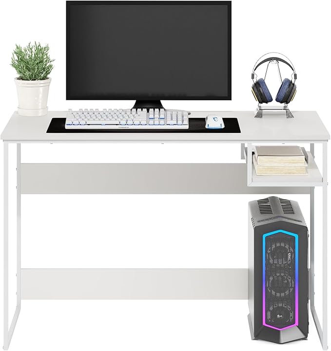 Furinno Moretti Desk 45 Wide Metal Frame Gaming Desk with Open Shelf Computer Desk Writing Desk Office Desk for Home Office Study Room Dorm Bedroom Solid White