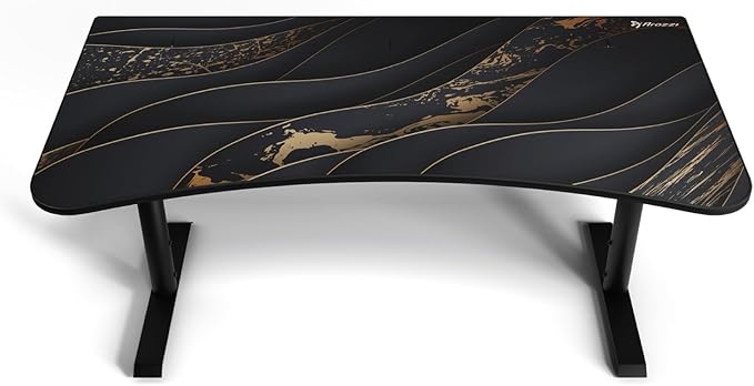 Arozzi Arena Special Edition Ultrawide Curved Gaming and Office Desk with Full Surface Water Resistant Desk Mat Custom Monitor Mount Cable Management Cut Outs - Black Gold
