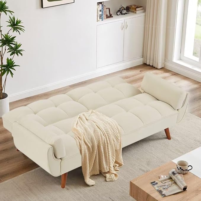 Convertible Sofa Bed Folding Loveseat Couch Modern Futon Recliner Sleeper with Adjustable Backrest Beige