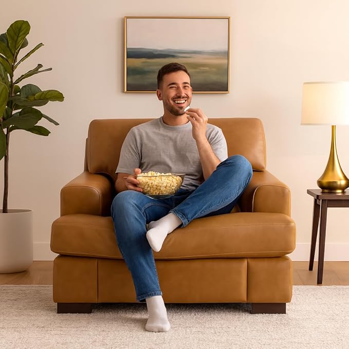 Siggy 400 LBS Capacity Genuine Leather Accent Chair – Goose Feather Cushion Filling for Cloud-Like Comfort Easy Assembly Tan Mid-Century Modern Single-Seat Sofa for Living Room