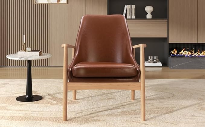 PU Leather Accent Chair Mid Century Modern Armchair with Solid Wood e Reading Leisure Chair with High Back for Living Room