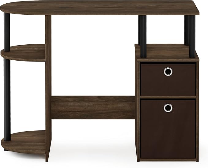 Furinno JAYA Desk 38.4 Wide Gaming Desk with Bin Drawers Computer Desk with Side Shelf Office Desk for Study Home Office Bedroom Dorm Study Room Columbia Walnut