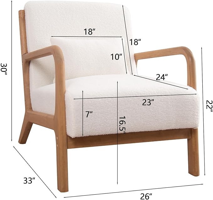 INZOY Mid Century Modern Accent Chair with Lamb Wool Fabric Upholstered Living Room Chairs with Waist Cushion Reading Armchair for Bedroom Sunroom White