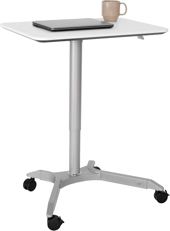 Seville Classics Airlift Height Adjustable Pneumatic Laptop Sit Stand Desk Mobile Rolling Cart Computer Workstation for Home Office Classroom White 28 Premium Desktop (New Model)