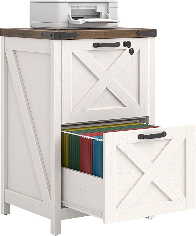 2 Drawer Small File Cabinet with Lock Farmhouse Vertical Filing Cabinet Fits Letter and A4 Size Under Desk Wooden File Cabinets for Home Office Printer Stand Rustic White