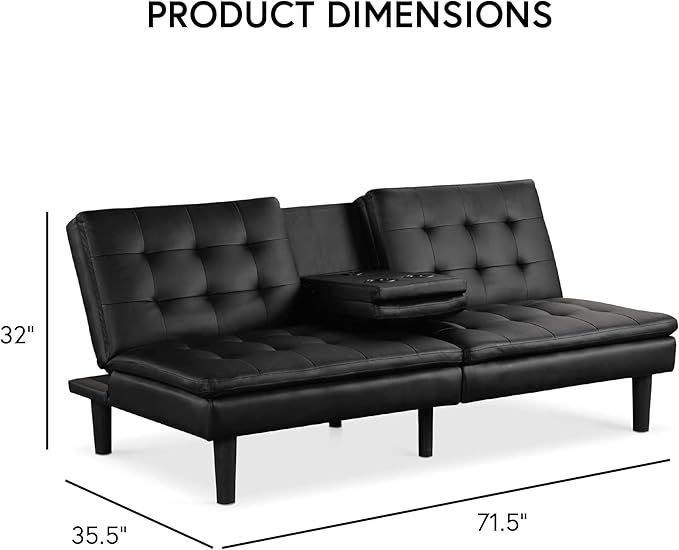 Furniture of America Fallein Modern Contemporary Wood 71.5-inch Futon Sofa Bed with Drop-Down Table Cup Holders USB-A Charger Biscuit Tufting for Bedroom Guest Room Black