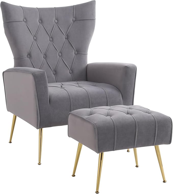 Velvet Accent Chair with OttomanUpholstered Tufted Wingback Arm Chair Modern Decorative Chairs with Gold Metal Legs for Bedroom Living Room (Grey1 Chair)