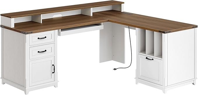 Farmhouse 69 Executive L Shaped Desk with Drawer Home Office Desk with Charging Station Corner Computer Desk with Monitor Stand File Drawer Storage Cabinet White and Walnut