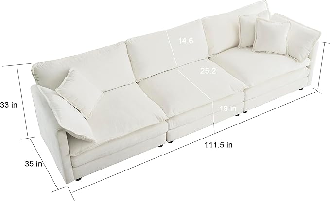 111.5 Sectional Sofa Couch for Living Room Modern Upholstered Sofa 3 Seater Couch with Pillows Deep Seat Sofa Furniture for Apartment Office Chenille Fabric Cream White