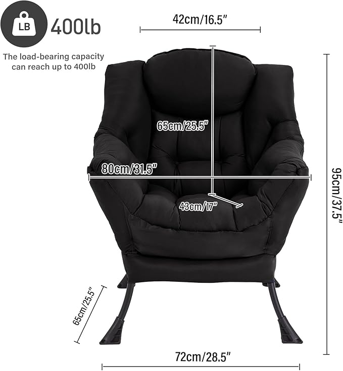 Lazy Chair Large Accent Chair Modern Comfy Armchair Black Chair for Living Room Bedroom Dorm Room Office Apartment Reading Relaxing Use