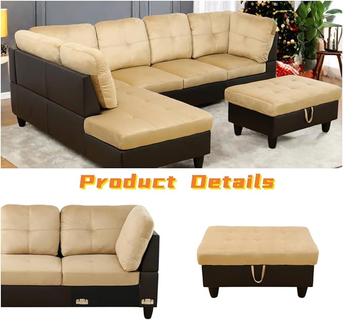 FONTOI L Shaped Sectional Couch with Otttoman 103 Sectional Sofa for Living Room Flannel Modular Couches with Cup Holders for Bedroom Apartments Beige &ampBrown