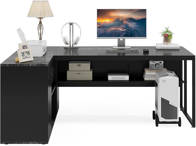Little Tree 71-inch Executive Desk with File Cabinet L-Shaped Computer Desk Office Desk with Drawers and Storage Shelves Business Furniture Desk Workstation for Home Office Balck