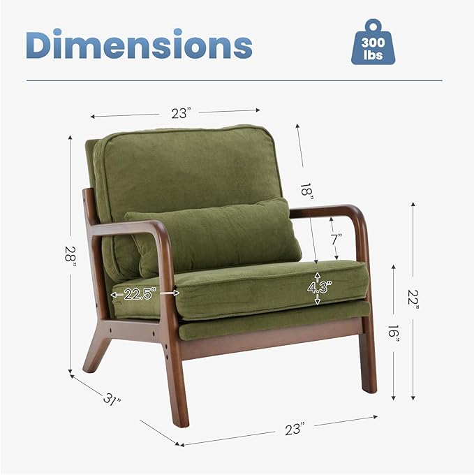 DUMOS Mid Century Modern Chair Set of 2 Accent Chair with Arms and Waist Cushion Reading Chairs for Adults Lounge Chair for Living Room and Bedroom Solid Wooden Frame Dark Green
