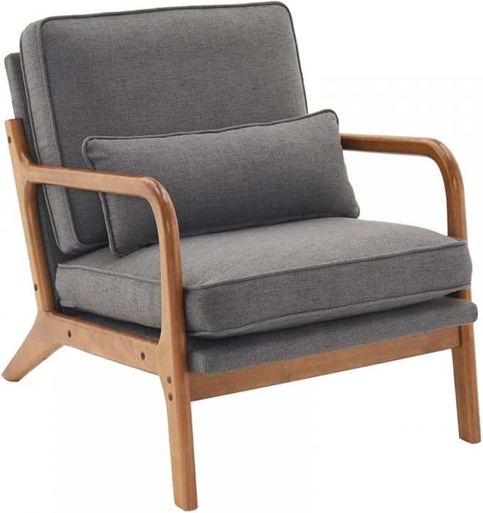 Accent Chair with Lumbar PillowUpholstered Armchair with Solid Wood FrameLinen Fabric Reading Chair with Oak ArmrestLounge Chair for Living Room Bedroom Apartment
