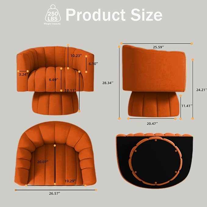 Modern Swivel Accent Chair Velvet Corner Chair Comfy Round Barrel Chair Cozy Armchair for Living Room Bedroom Office Spaces - Orange