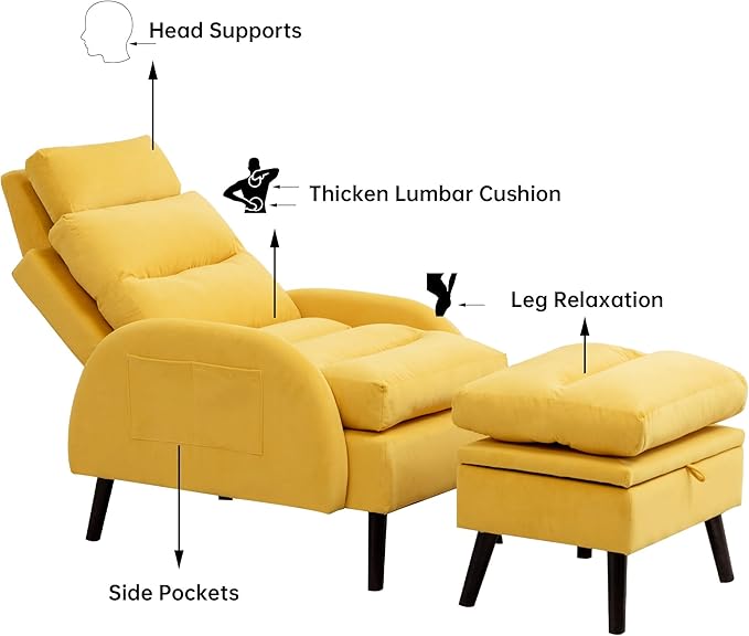 Accent Chair with Ottoman Comfy Reading Chair with Ottoman Set Modern Oversized Velvet Lounge Armchair with Adjustable Backrest for Living Room Bedroom (Yellow)