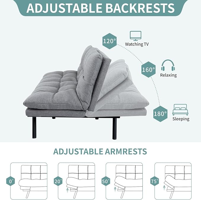 MUUEGM 71 Futon Sofa Bed with Memory FoamFuton Couch with Adjust Backrest and Armrest Couches Bed for Living RoomStudios Apartments Dormitories Offices and Game Rooms. Light Grey Sofa Bed