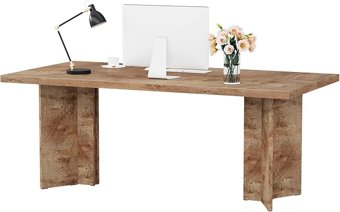 Tribesigns 63-inch Executive Desk Vintage Home Office Computer Desk with Large Tabletop Farmhouse Wood Writing Conference Table Workstation for Office Study Light Oak Brown