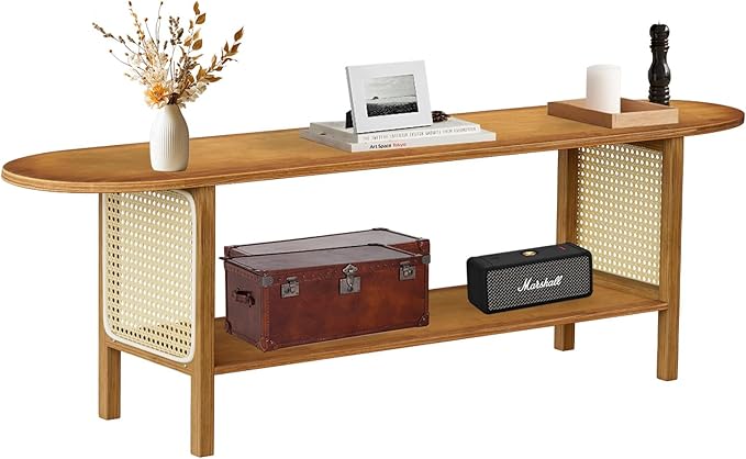 Bamboo TV Stand for TVs up to 65 Accent Entertainment Center with Storage Media Console Table with Rattan Modern TV Stand for Living Room Bedroom 55(L) Walnut