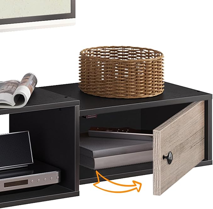 HOOBRO 55 Floating TV Stand with Power Outlets Modern Wall Mounted Media Console Shelf with Doors Entertainment Center for Under TV Storage for Living Room Bedroom Greige and Black BG11UDS01